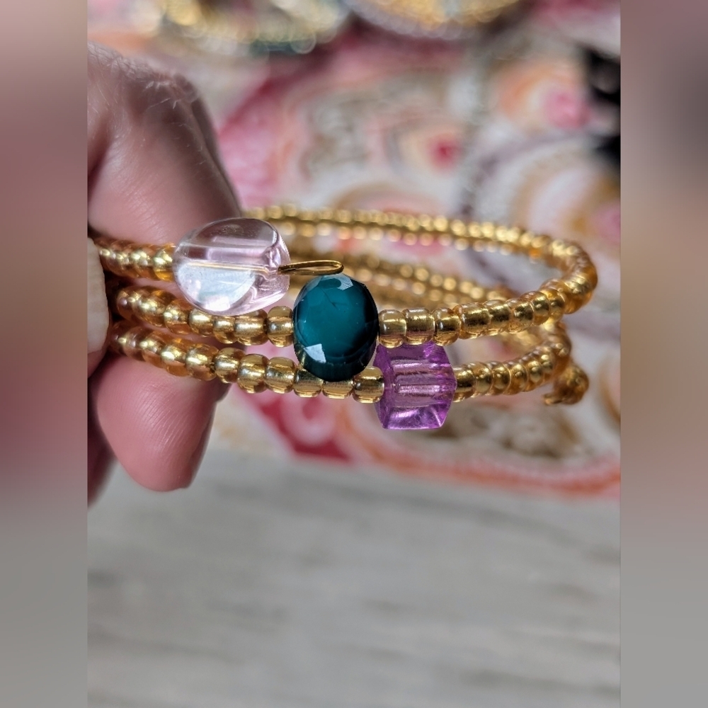 Handmade gold seed bead memory wire wrap bracelet